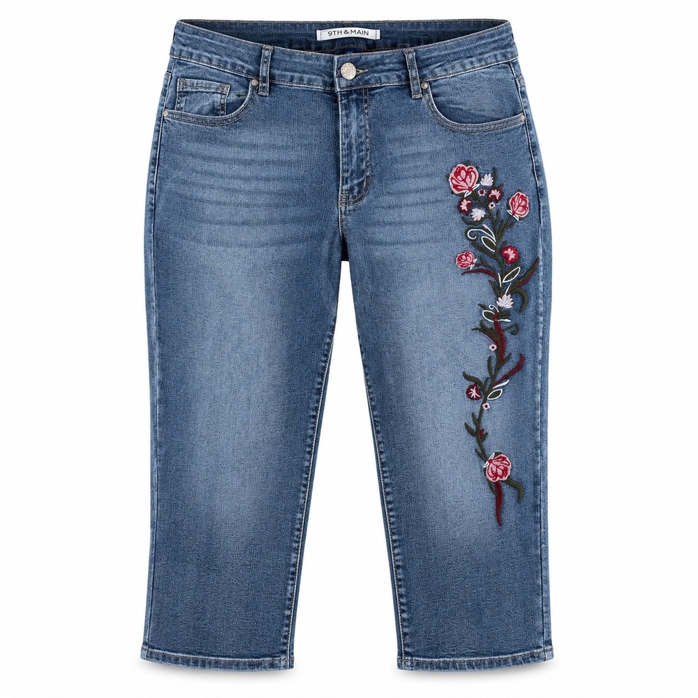 9th & Main Womens Capri 18W Cotton Blue Embroidered Floral Boho Mid Rise Jeans